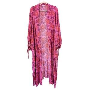 FREE PEOPLE Pink Sunflower Maxi Kimono One Size 70s Style Breezy Billowy Duster